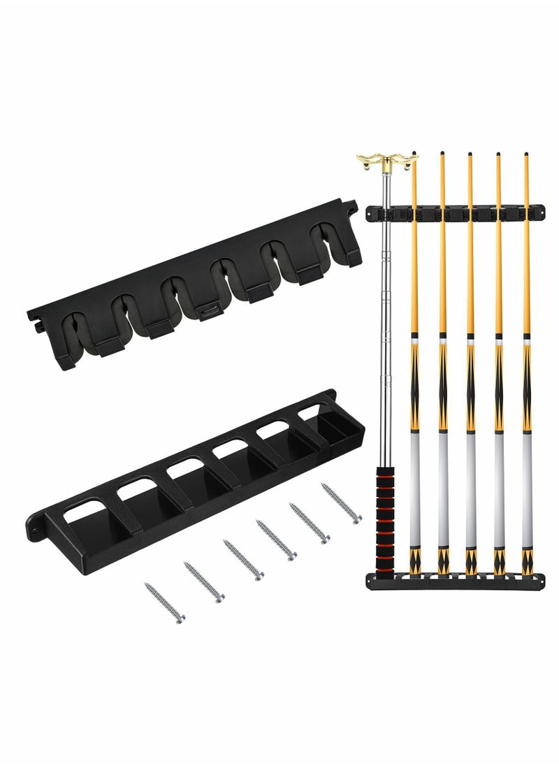 Pool Cue Rack, Wall Mounted Stick Holder with EVA Clip, Plastic Billiard Accessories for Game Room Clubs Players(Black, 6 Cues)