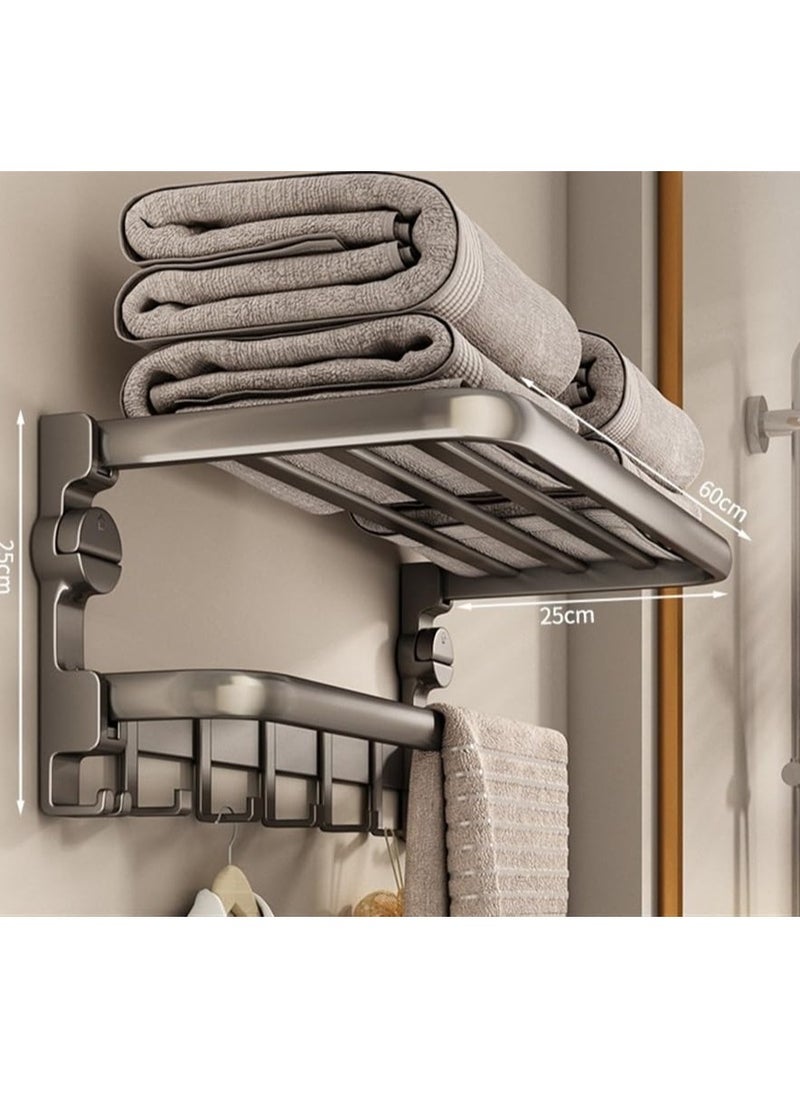 Suction Cup Towel Shelf for Bathroom, 60 cm Foldable Towel Rack with Bar and 7 Hooks, Wall-Mounted Towel Storage Organizer for Bathroom and Lavatory, Matte Black