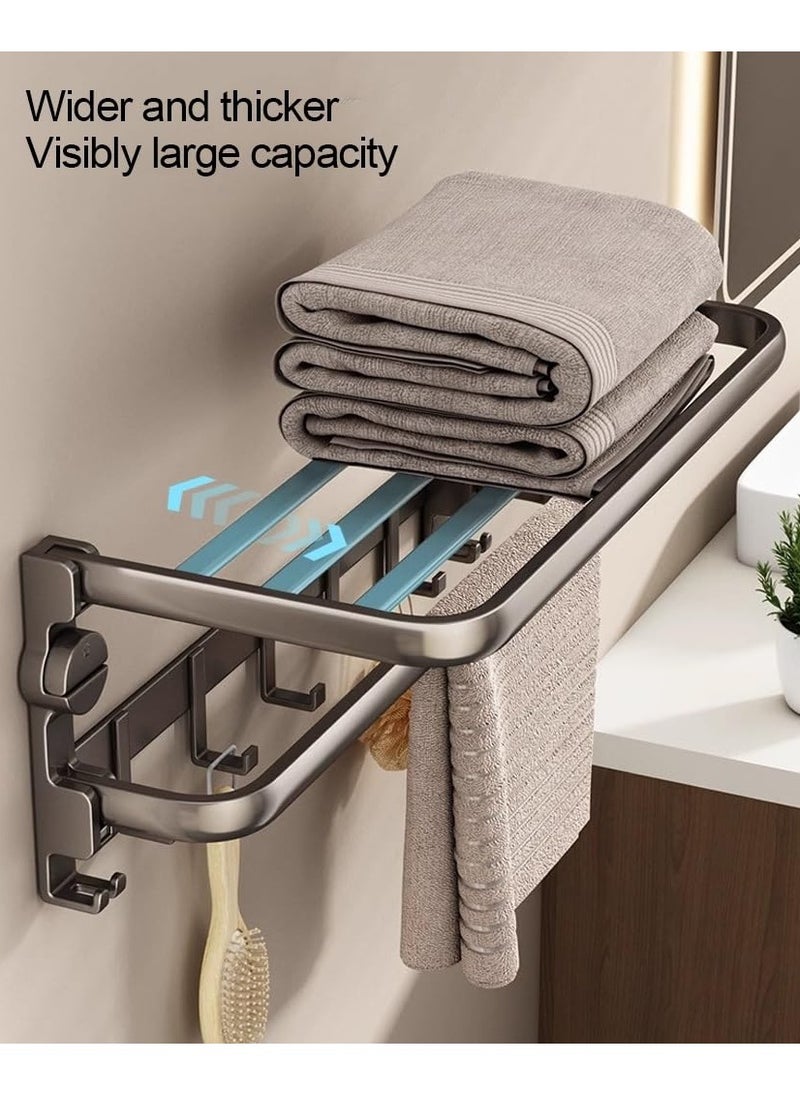 Suction Cup Towel Shelf for Bathroom, 60 cm Foldable Towel Rack with Bar and 7 Hooks, Wall-Mounted Towel Storage Organizer for Bathroom and Lavatory, Matte Black