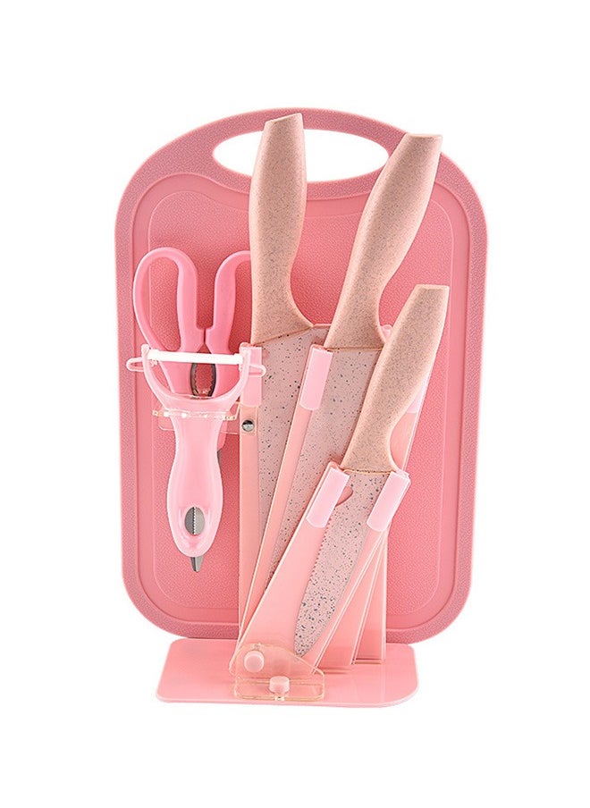 7-Piece Household Wheat Straw Knife Set, Stainless Steel Fruit Kitchen Knife With Cutting Board, Pink