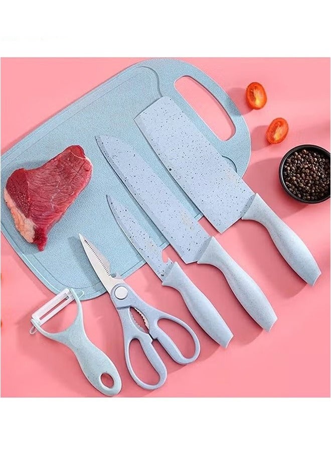 7-Piece Household Wheat Straw Knife Set, Stainless Steel Fruit Kitchen Knife With Cutting Board, Blue