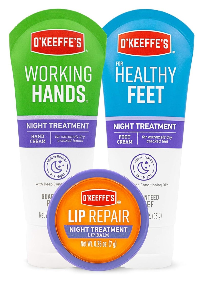 O'Keeffe's Night Treatment Combo Pack Including Working Hands Night Treatment Hand Cream, Healthy Feet Night Treatment Foot Cream and Lip Repair Night Treatment Lip Balm