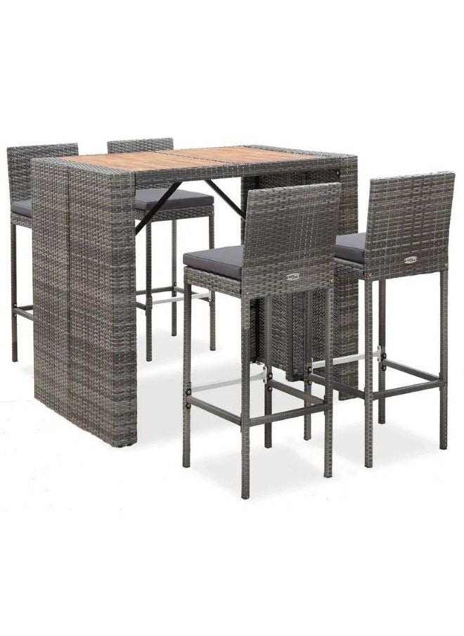 vidaXL 5 Piece Outdoor Bar Set Poly Rattan and Wood Acacia Grey