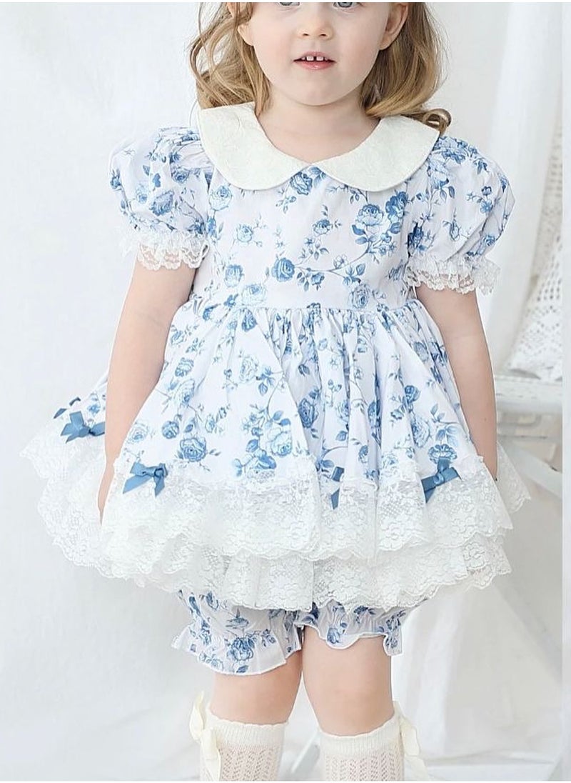 Toddler Girls' Two-Piece Blue Floral Print Dress with Net Overlay, 1-6 Years