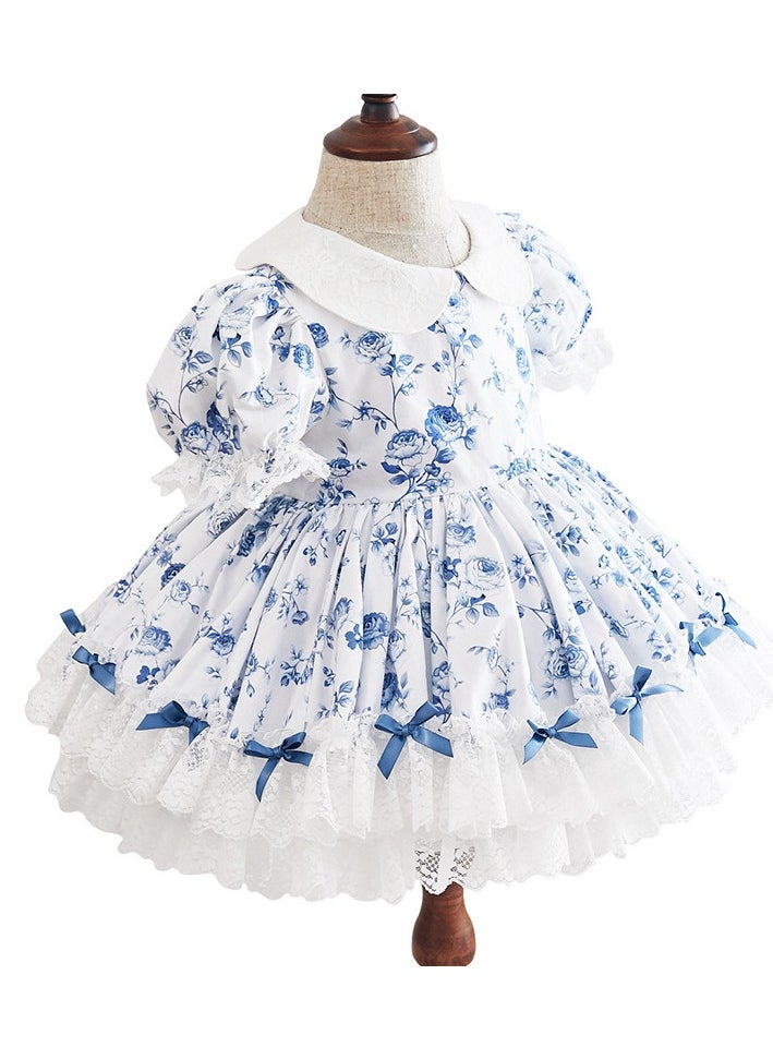 Toddler Girls' Two-Piece Blue Floral Print Dress with Net Overlay, 1-6 Years