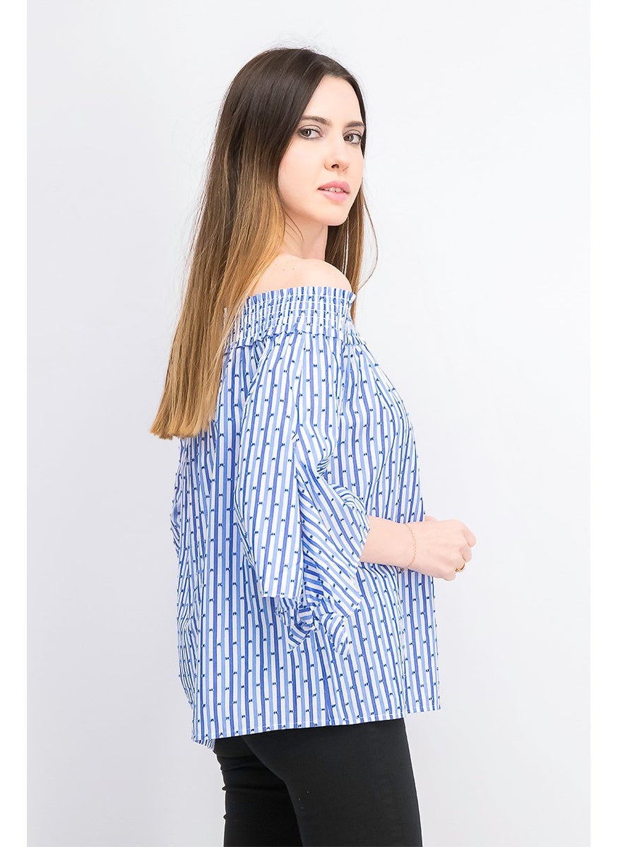 Women Off,Shoulder Stripe Top, Blue