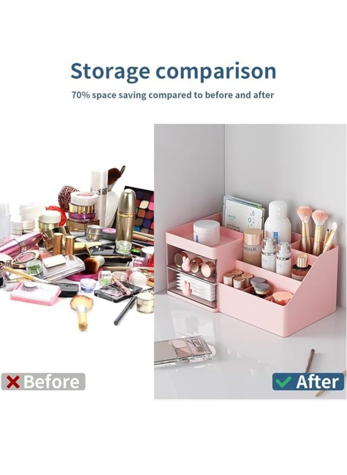 Makeup Organizer for Vanity Bathroom, Clear Drawer Cosmetic Storage Display Case with Brush holder, Desk Countertop Plastic Cosmetic Box Beauty Organization for Skincare Lipstick Jewelry