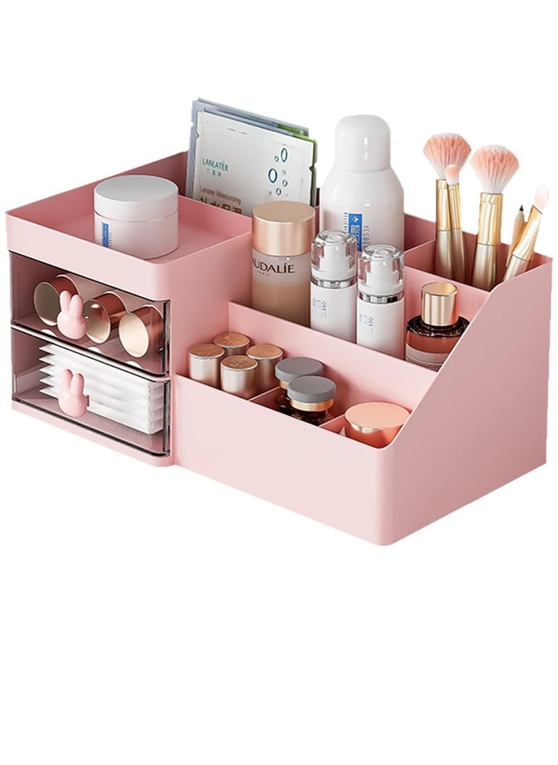 Makeup Organizer for Vanity Bathroom, Clear Drawer Cosmetic Storage Display Case with Brush holder, Desk Countertop Plastic Cosmetic Box Beauty Organization for Skincare Lipstick Jewelry