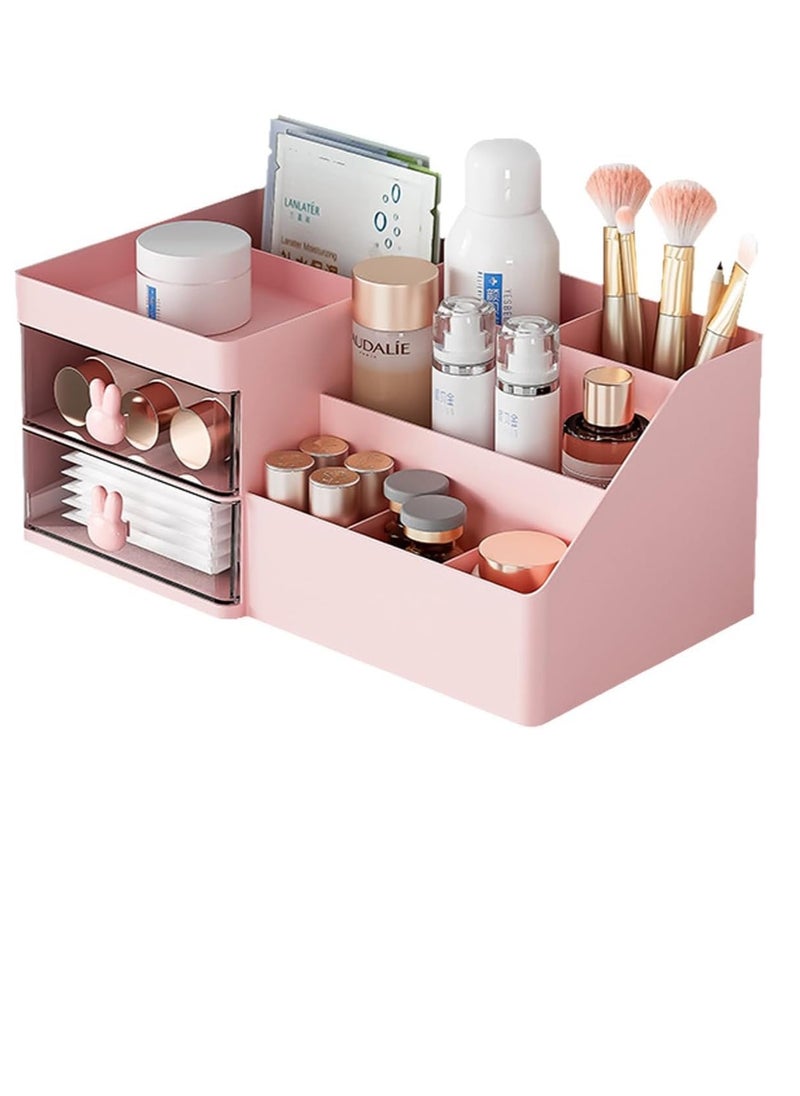 Makeup Organizer for Vanity Bathroom, Clear Drawer Cosmetic Storage Display Case with Brush holder, Desk Countertop Plastic Cosmetic Box Beauty Organization for Skincare Lipstick Jewelry