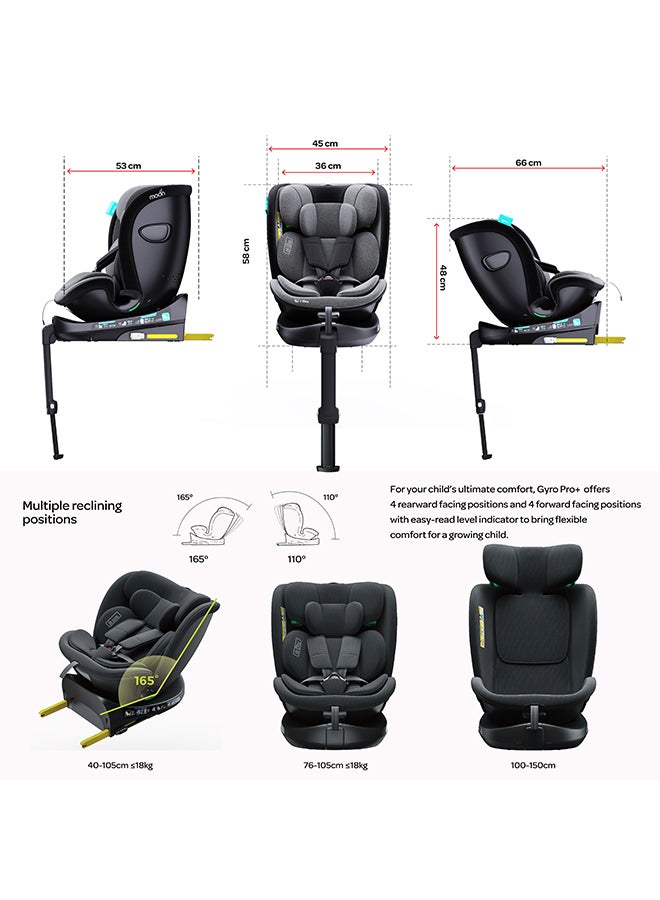 Gyro Pro+ I-Size 360° Rotating Car Seat W/ Leg Support And Isofix For 40-150Cm (Group 0+,1,2,3) 0M To 12Yr - Grey