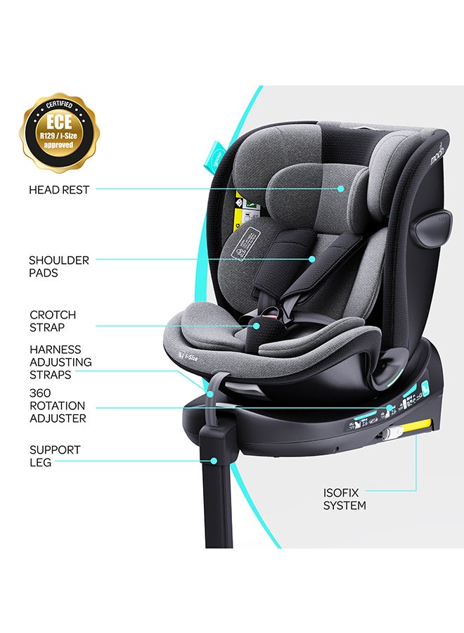 Gyro Pro+ I-Size 360° Rotating Car Seat W/ Leg Support And Isofix For 40-150Cm (Group 0+,1,2,3) 0M To 12Yr - Grey