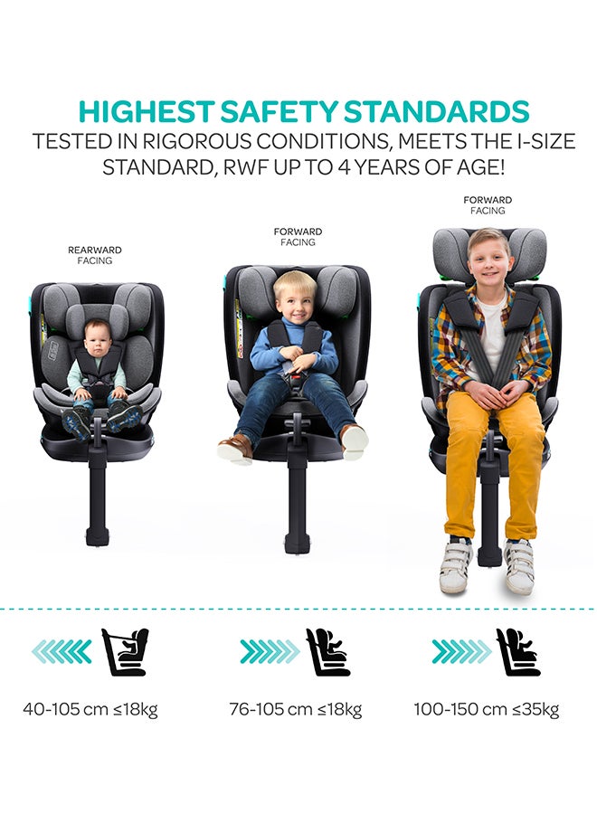 Gyro Pro+ I-Size 360° Rotating Car Seat W/ Leg Support And Isofix For 40-150Cm (Group 0+,1,2,3) 0M To 12Yr - Grey