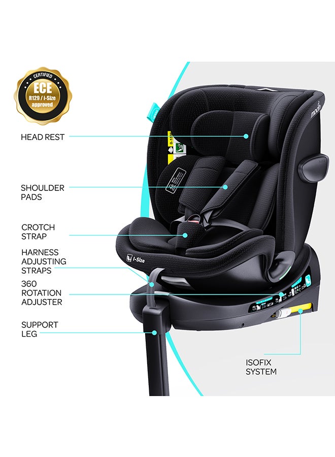 Gyro Pro+ I-Size 360° Rotating Car Seat W/ Leg Support And Isofix For 40-150Cm (Group 0+,1,2,3) 0M To 12Yr - Black