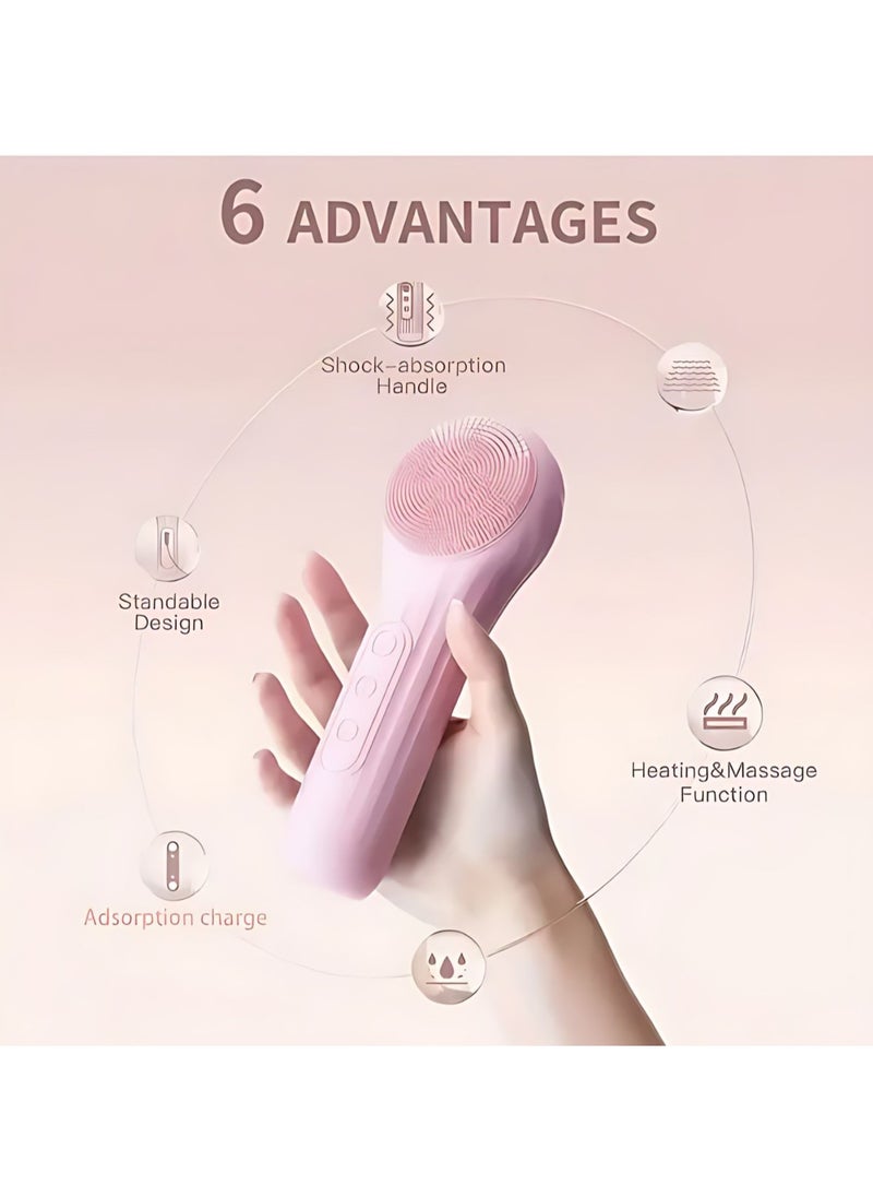 Silicone Facial Cleansing Brush Electric, Waterproof, Rechargeable Skincare Deep Cleaning, Makeup Remover, Exfoliation, Pore Cleansing - Anti-Aging, Acne, Gentle Face Brush (Pink)