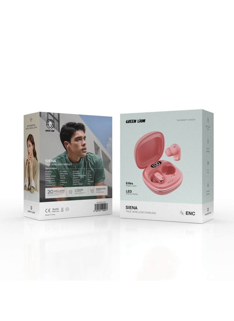 SIENA True Wireless Earbuds with ENC and LED Digital Display/ Bluetooth V5.4 / 10m Transmission Range / LED Digital Display / Multi-Function Touch / 6Hrs Single Listen - Pink