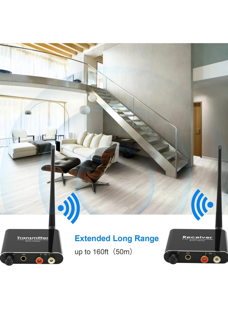 2.4GHz Wireless Audio Transmitter Receiver, 165 ft Long Range Low Latency Audio Adapter with Volume Control for Subwoofer, Powered Speaker, Soundbar, RCA or 3.5mm Jack Input/Output