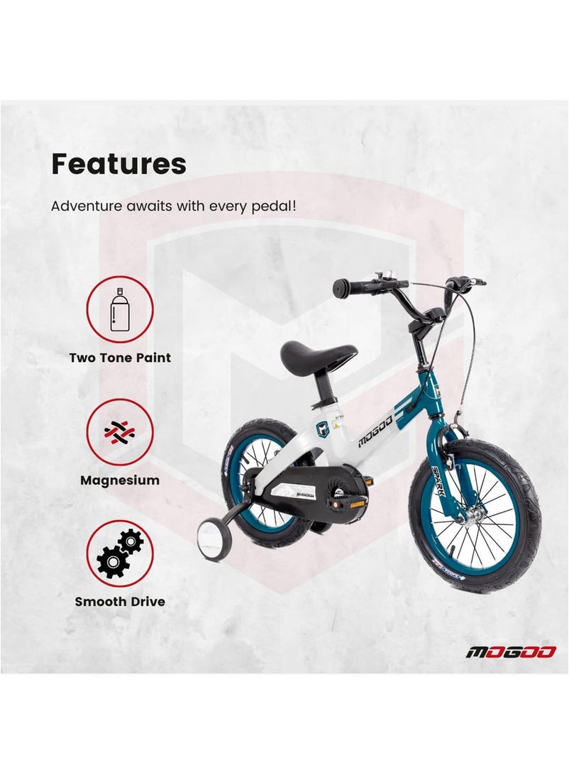 Mogoo Spark Magnesium Alloy Lightweight Bike for 2-8 Years Old - Adjustable Height - Disc Handbrakes - Reflectors - Gift for Kids - 14 Inch Bicycle with Training Wheels - Turquoise