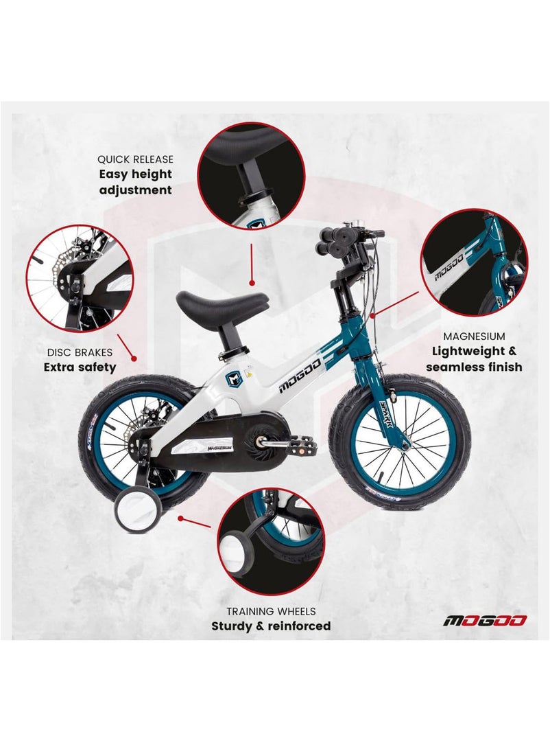 Mogoo Spark Magnesium Alloy Lightweight Bike for 2-8 Years Old - Adjustable Height - Disc Handbrakes - Reflectors - Gift for Kids - 14 Inch Bicycle with Training Wheels - Turquoise