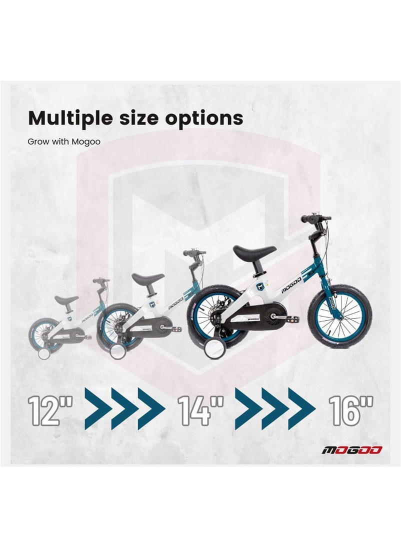 Mogoo Spark Magnesium Alloy Lightweight Bike for 2-8 Years Old - Adjustable Height - Disc Handbrakes - Reflectors - Gift for Kids - 14 Inch Bicycle with Training Wheels - Turquoise