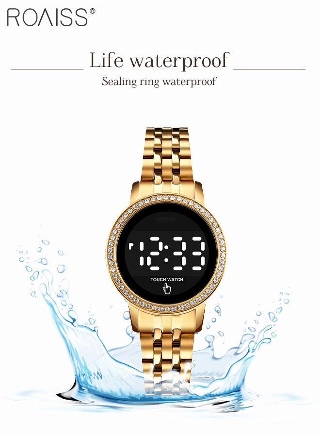 Women's Digital Touch Screen Watch Led Display Round Dial with Rhinestones Decorated Bezel Waterproof Luminous Stainless Steel Strap Wristwatch with Calendar Display, Gold