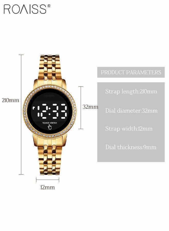 Women's Digital Touch Screen Watch Led Display Round Dial with Rhinestones Decorated Bezel Waterproof Luminous Stainless Steel Strap Wristwatch with Calendar Display, Gold