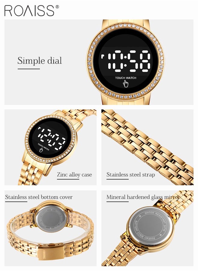 Women's Digital Touch Screen Watch Led Display Round Dial with Rhinestones Decorated Bezel Waterproof Luminous Stainless Steel Strap Wristwatch with Calendar Display, Gold