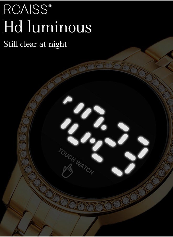 Women's Digital Touch Screen Watch Led Display Round Dial with Rhinestones Decorated Bezel Waterproof Luminous Stainless Steel Strap Wristwatch with Calendar Display, Gold