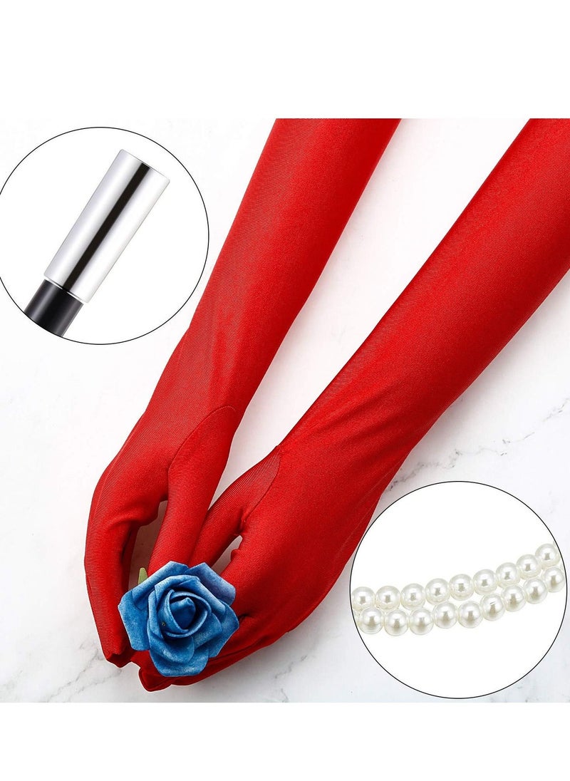 1920s Accessories for Women Costume Long Satin Gloves Fancy Dress Plastic Holder Pearl Necklace Set for Fancy Dress Women Cosplay Party