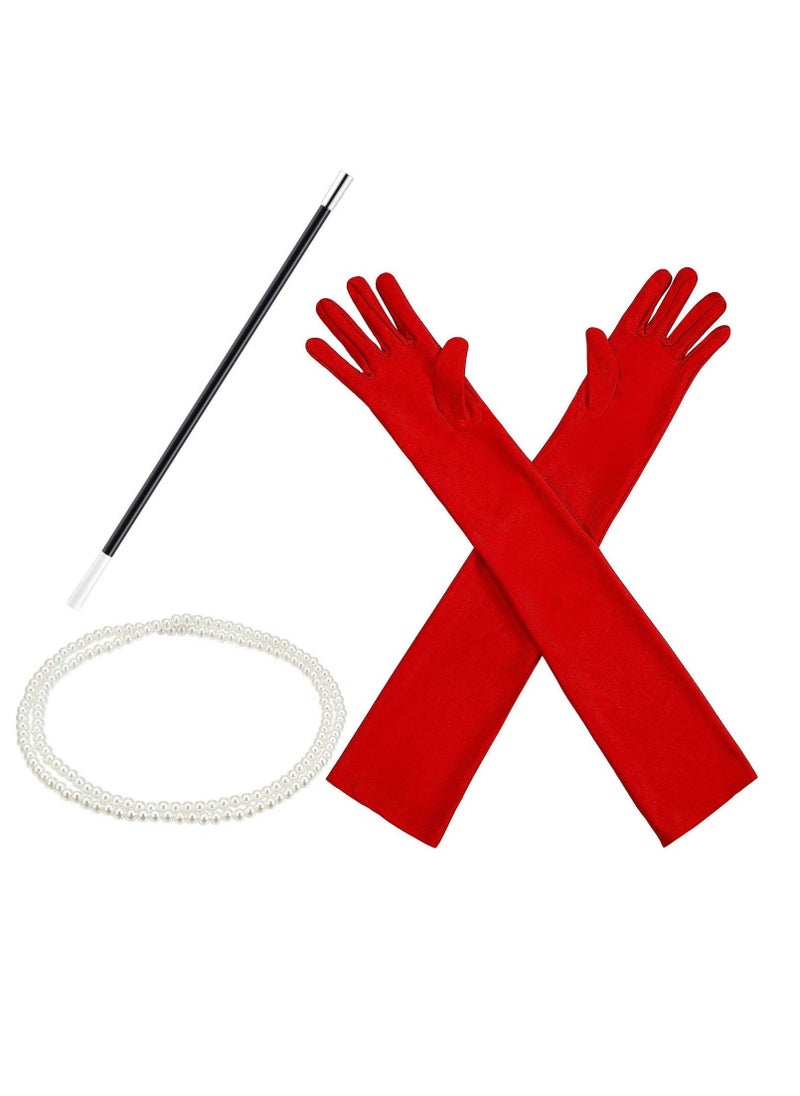 1920s Accessories for Women Costume Long Satin Gloves Fancy Dress Plastic Holder Pearl Necklace Set for Fancy Dress Women Cosplay Party