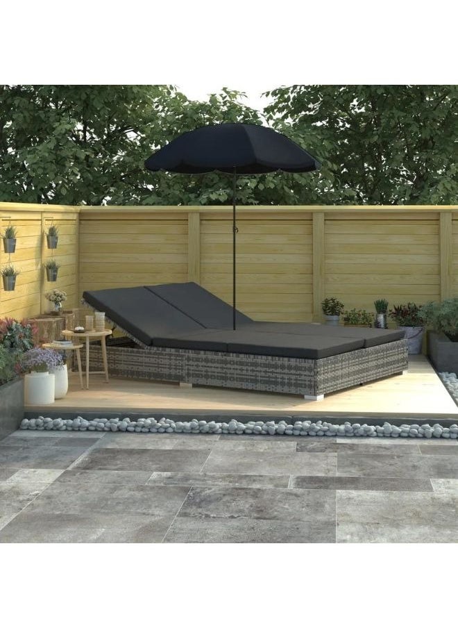 vidaXL Outdoor Lounge Bed with Umbrella Poly Rattan Grey