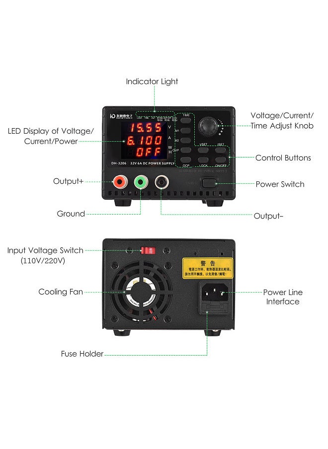 DH-3206 32V 6A DC Voltage-stabilized Source, Mini Regulated Power Supply, 4-Digit Digital Stabilized Voltage Supply, with Memory and Timing Function, OVP OCP Safety Protection