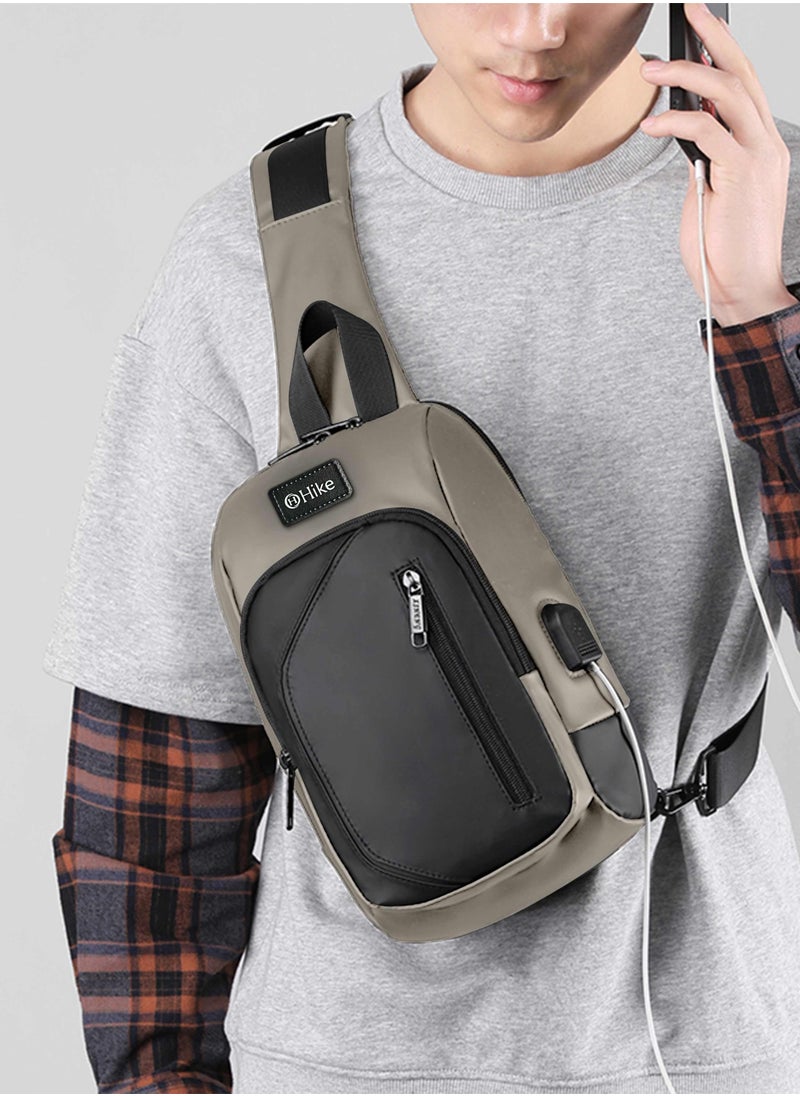 Hike Crossbody Sling Bag Synthetic Water Resistant Unisex Small Shoulder Bag with Built in USB Port for Business Travel Outdoor Shopping, HK2032-DARKGREY