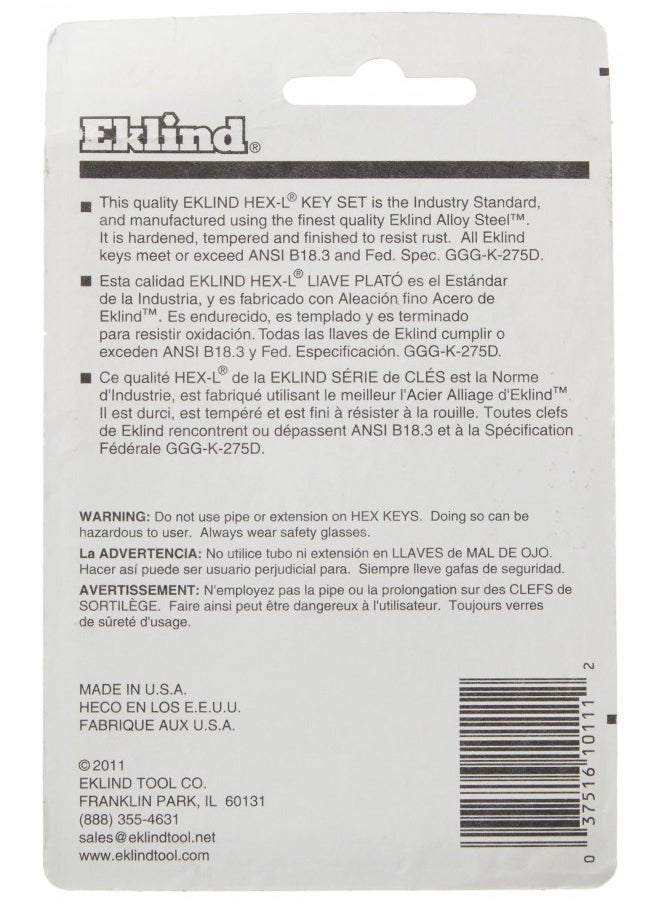 EKLIND 10111 Hex-L Key allen wrench - 11pc set SAE Inch Sizes .050-1/4 Short series