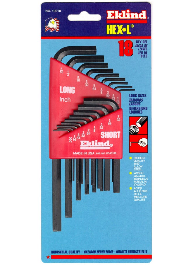 EKLIND 10018 Hex-L Key allen wrench - 18pc set SAE Inch Sizes .050-5/16 Short & Long