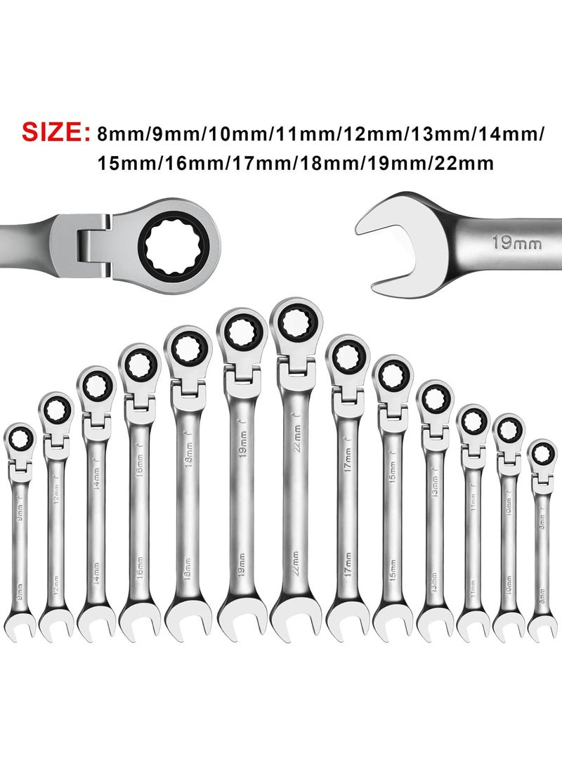 22mm Flex Head Ratchet Wrench, Industrial Grade Cr-V Steel, 12 Point Release Design, 72 Tooth Ratchet, 180 Degree Flex Box End