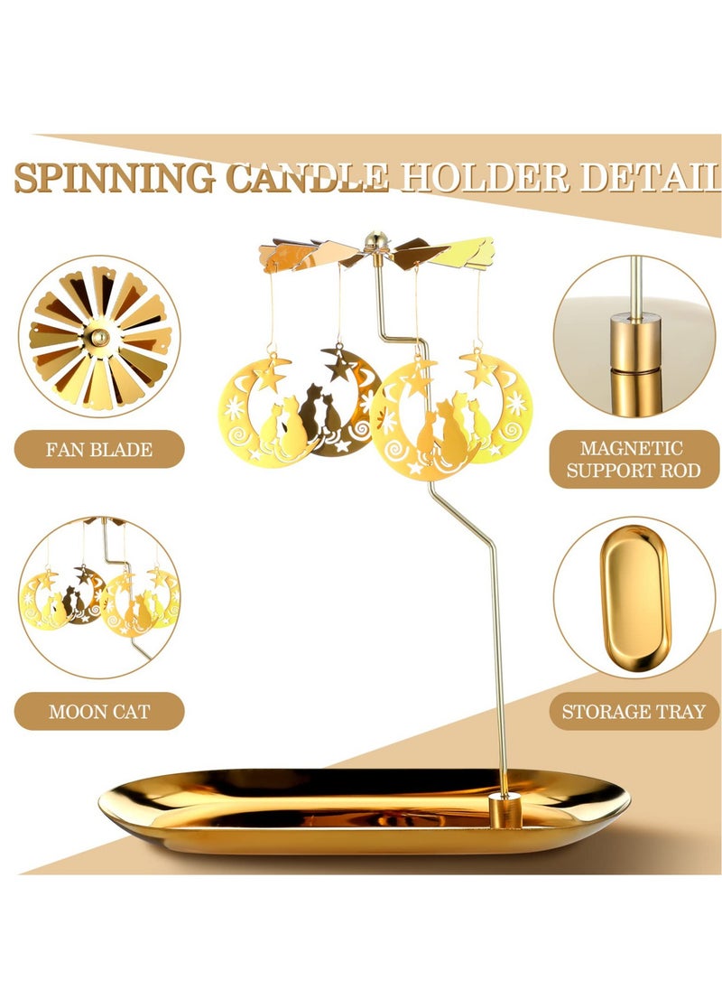 Spinning Candle Holder, 2 Sets Metal Spinning Candle Carousel Golden Rotating Tea Light Candle Holders for Wedding, Party Table Decor, Home Festival Decor Gift (Gold Moon Cat)