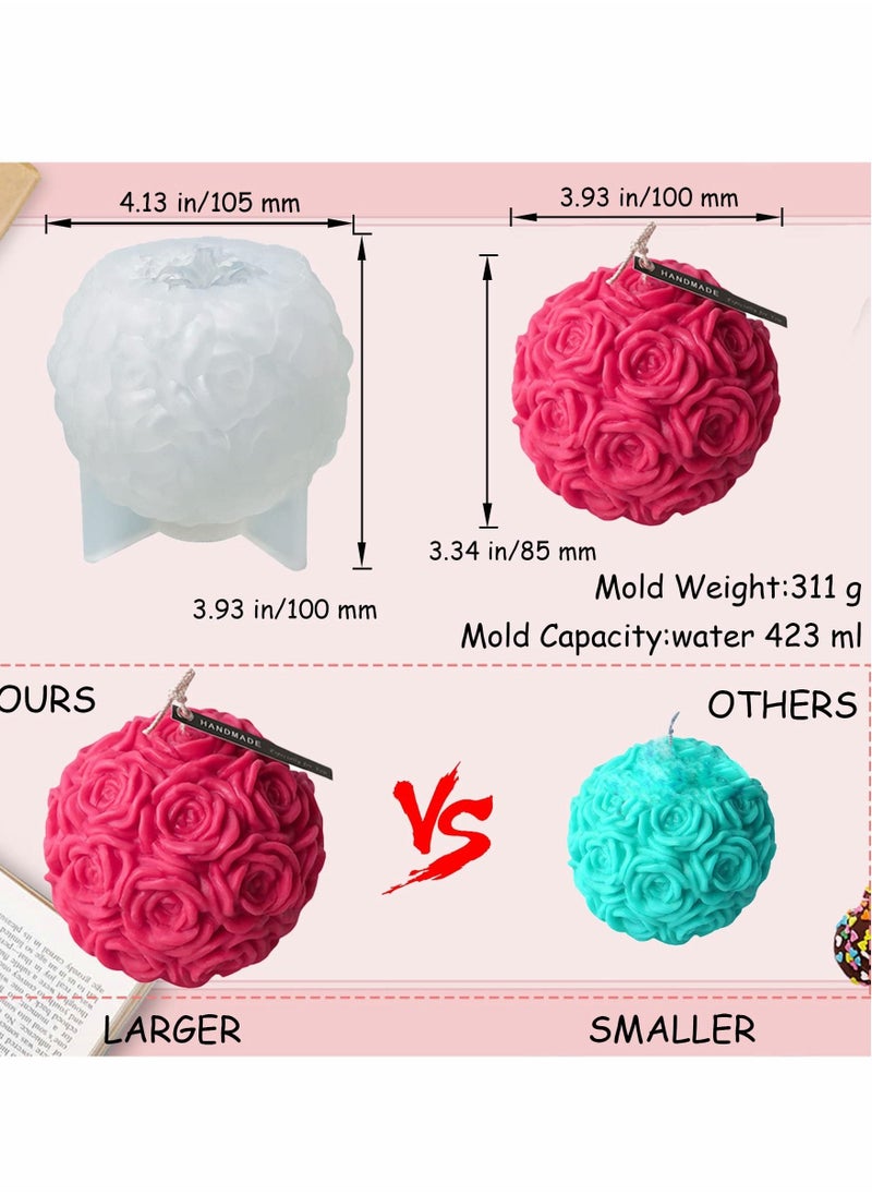 Candle Molds Silicone- Large Rose Ball Candle Molds 3D Rose Flowers Silicone Mould Valentine's Day Resin Casting Mold for DIY Candle Making Homemade Soap Polymer Clay Craft Plaster