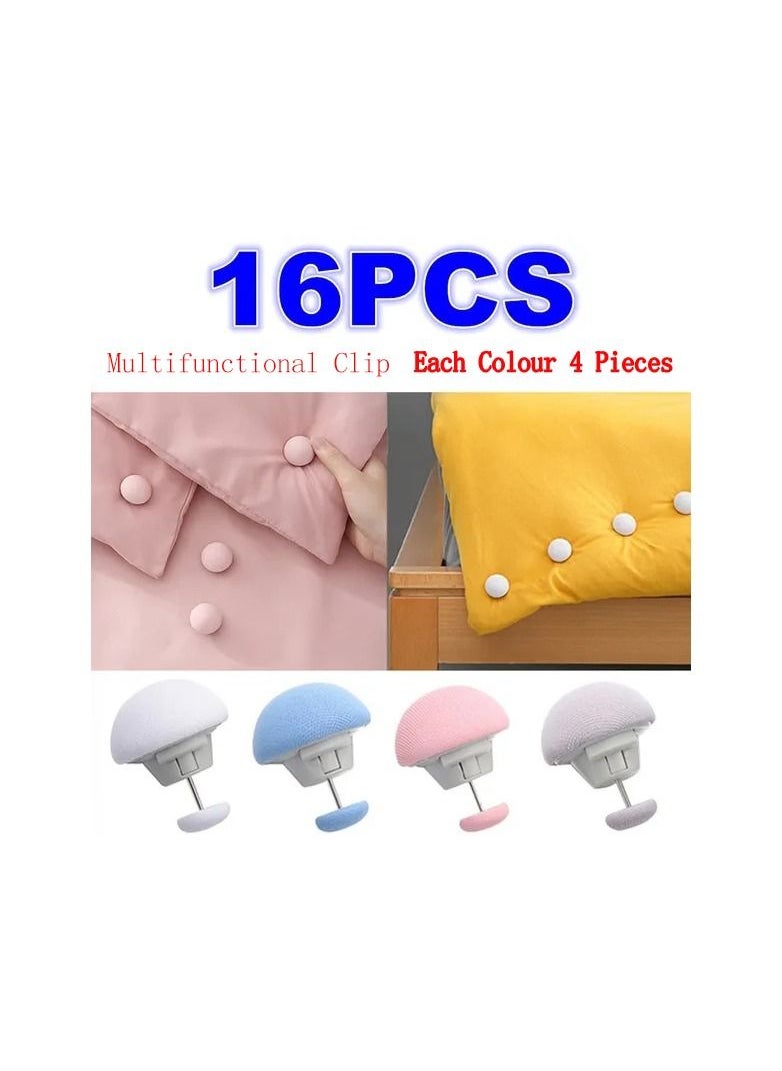 16-Pieces Multifunctional Mushroom Shape Clip,Easy To Unlock BedSheet Quilt Clip,Duvet Cover Fastener Clip,Anti Slip Blanket Buckles Holder,Mix Four Colours