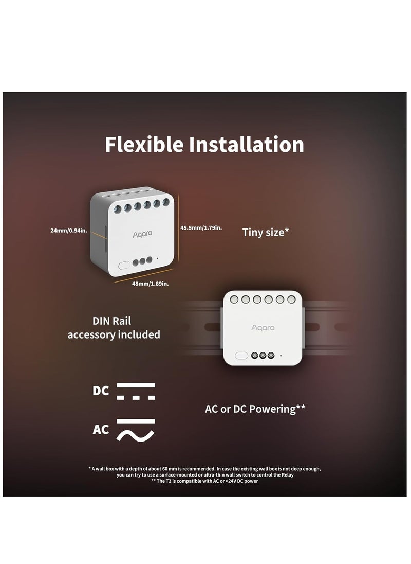 Dual Relay Module T2 with Matter,Requires Aqara Zigbee 3.0 Hub,Dry Contact Mode for Garage Doors and Boilers, Roller Shade Switch & Light Switch,Supports Homekit and Alexa