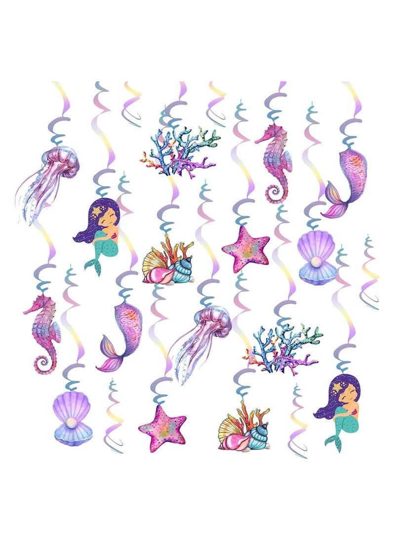 Mermaid Hanging Swirl Decorations 20 PCS Double Sided Print Mermaid Themed Foil Swirls Dangling Ceiling Streamers Wall Decals for Kids Girls Birthday Baby Shower Under the Sea Party Supplies