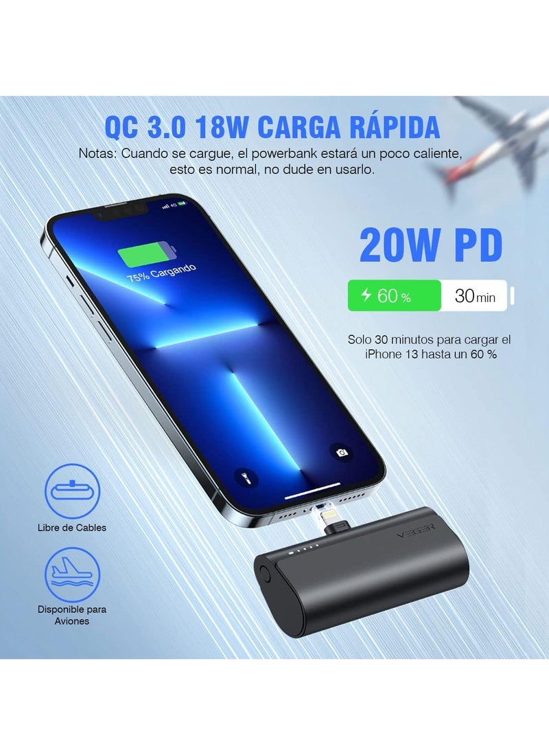 Mini Portable Powerbank 5000mAh – Fast Charging 20W PD, QC 3.0 External Battery with Built-in Plug