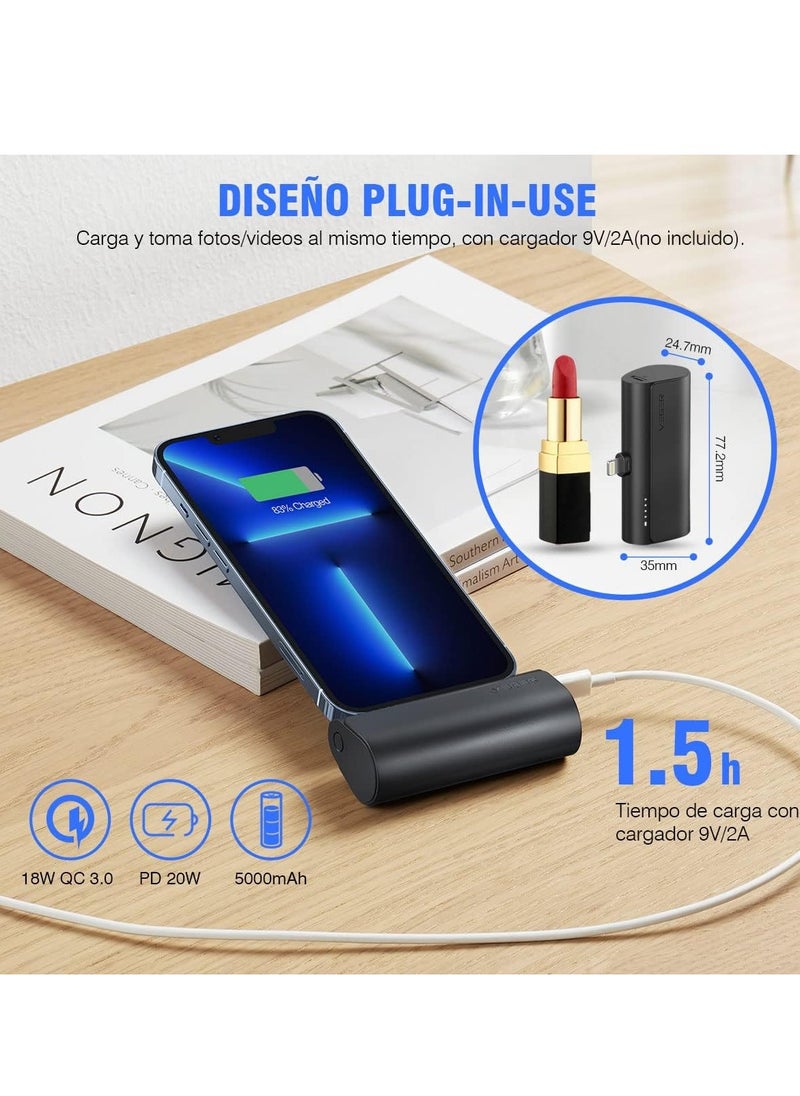 Mini Portable Powerbank 5000mAh – Fast Charging 20W PD, QC 3.0 External Battery with Built-in Plug