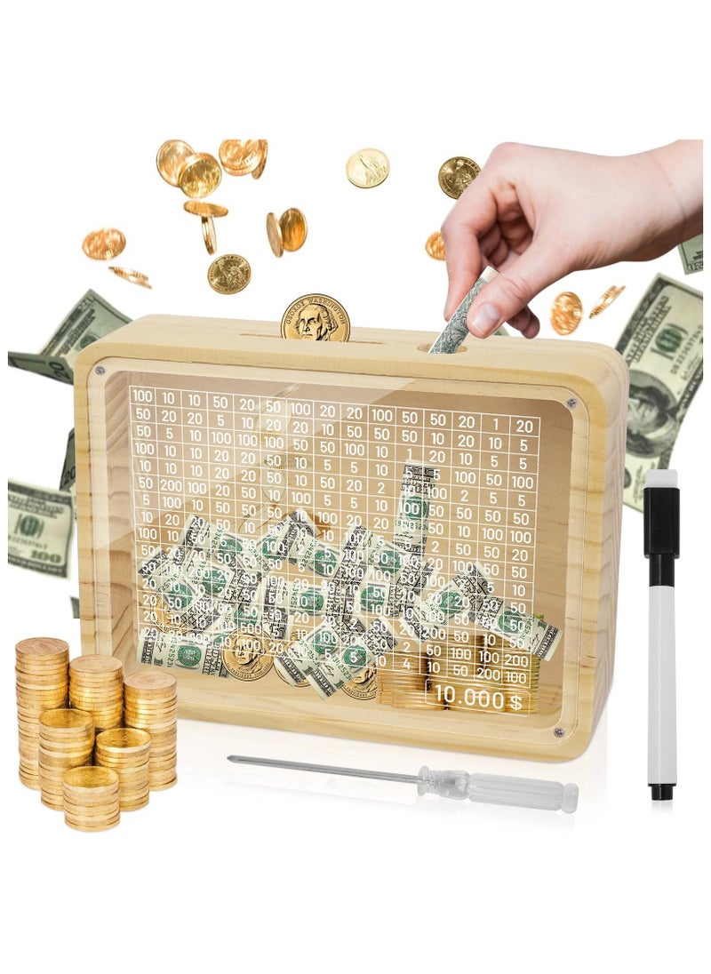 Wooden Money Box Money Bank, Clear Piggy Bank Coin Bank, Cash Vault Wooden Savings Box, Money Box for Adults Kids Boys Girls