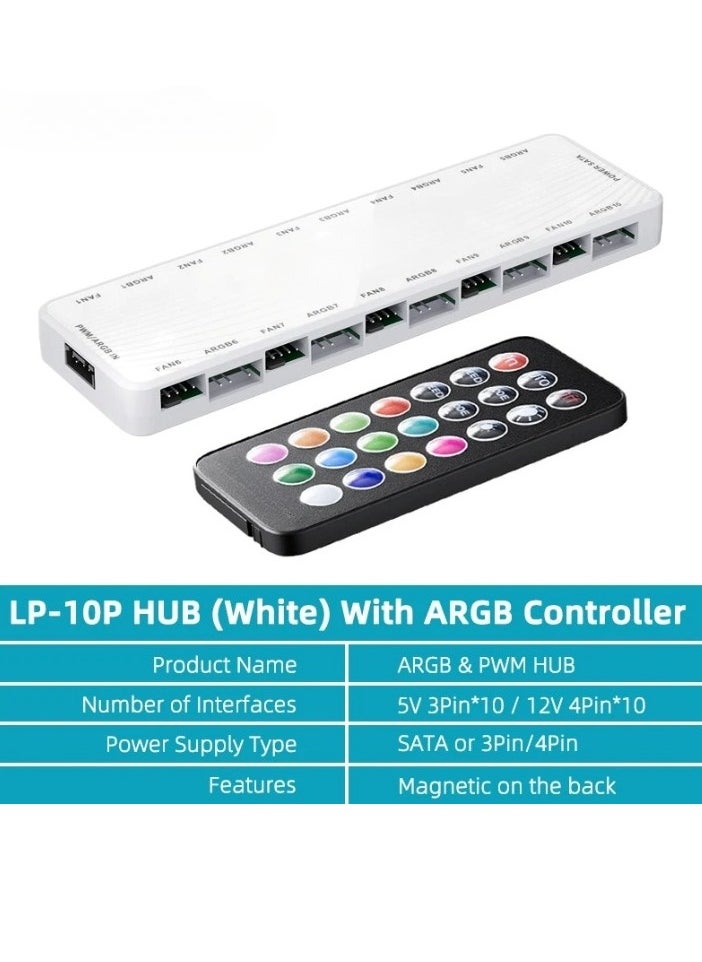 ARGB Fan Hub, 2 In 1 Portable Fan Hub Adapter, Nine Fan And Nine Led Ports Pc Fan Hub Support, Durable Compact Computer ARGB Fans Splitter, (White, LP10 Hub With ARGB Controller)