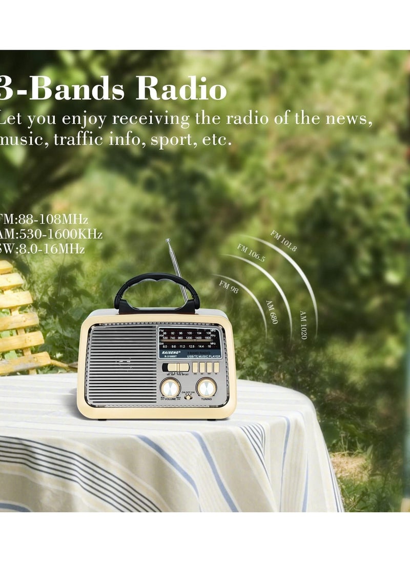 Retro Radio with Bluetooth, FM AM SW Kitchen Radio Retro Battery Radio Portable Nostalgia Radio Supports USB/TF/AUX Function, Torch for Household Emergencies