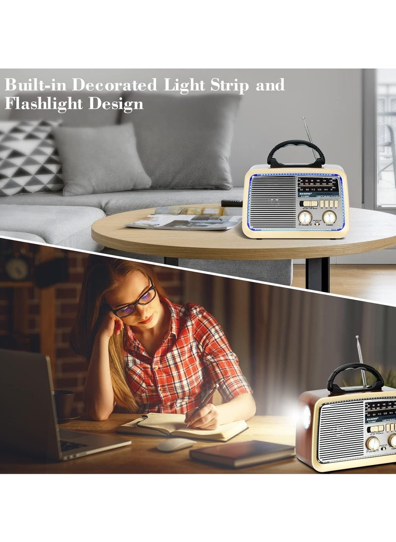 Retro Radio with Bluetooth, FM AM SW Kitchen Radio Retro Battery Radio Portable Nostalgia Radio Supports USB/TF/AUX Function, Torch for Household Emergencies