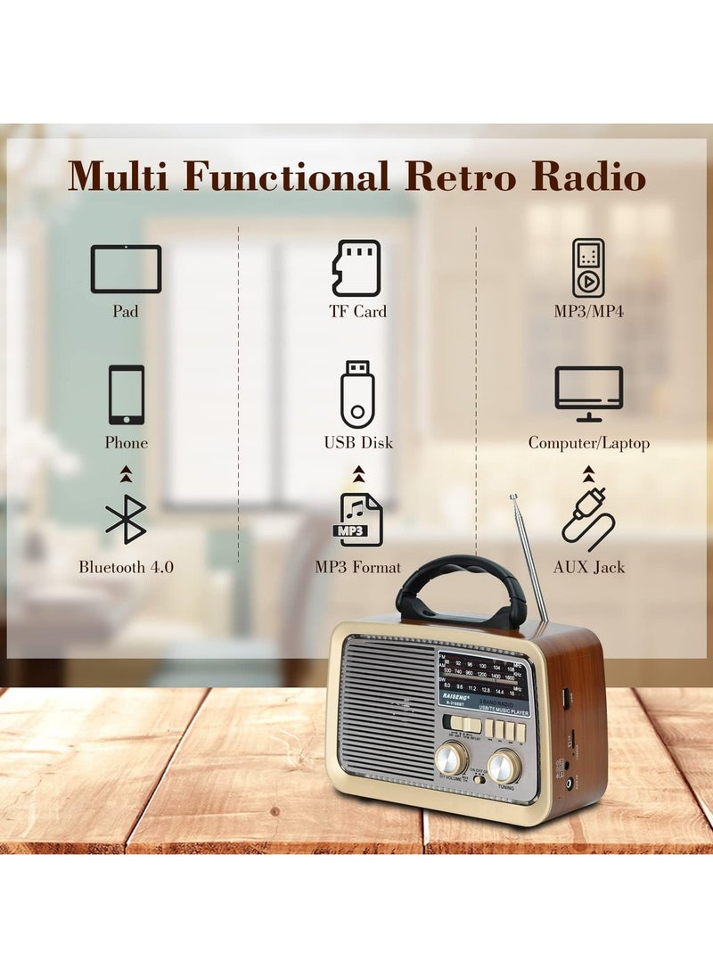 Retro Radio with Bluetooth, FM AM SW Kitchen Radio Retro Battery Radio Portable Nostalgia Radio Supports USB/TF/AUX Function, Torch for Household Emergencies