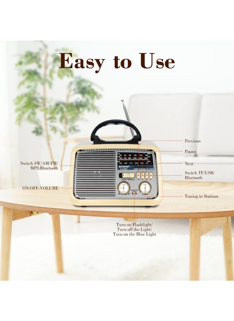 Retro Radio with Bluetooth, FM AM SW Kitchen Radio Retro Battery Radio Portable Nostalgia Radio Supports USB/TF/AUX Function, Torch for Household Emergencies