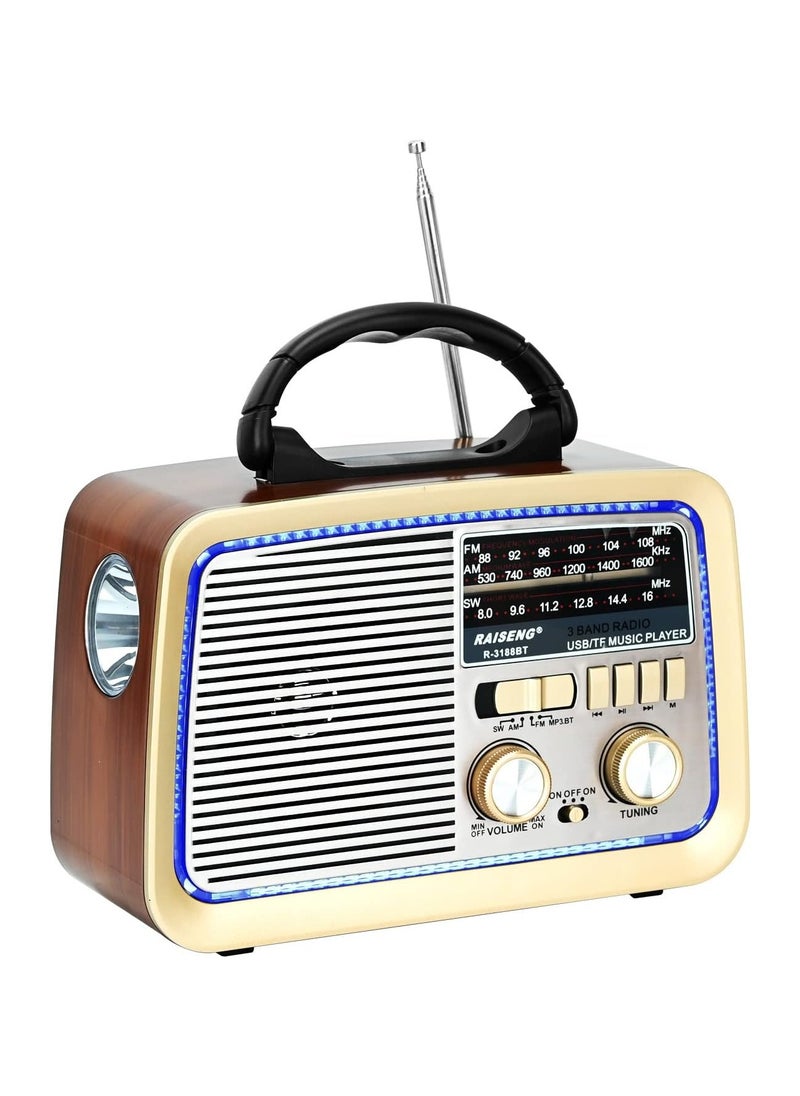 Retro Radio with Bluetooth, FM AM SW Kitchen Radio Retro Battery Radio Portable Nostalgia Radio Supports USB/TF/AUX Function, Torch for Household Emergencies