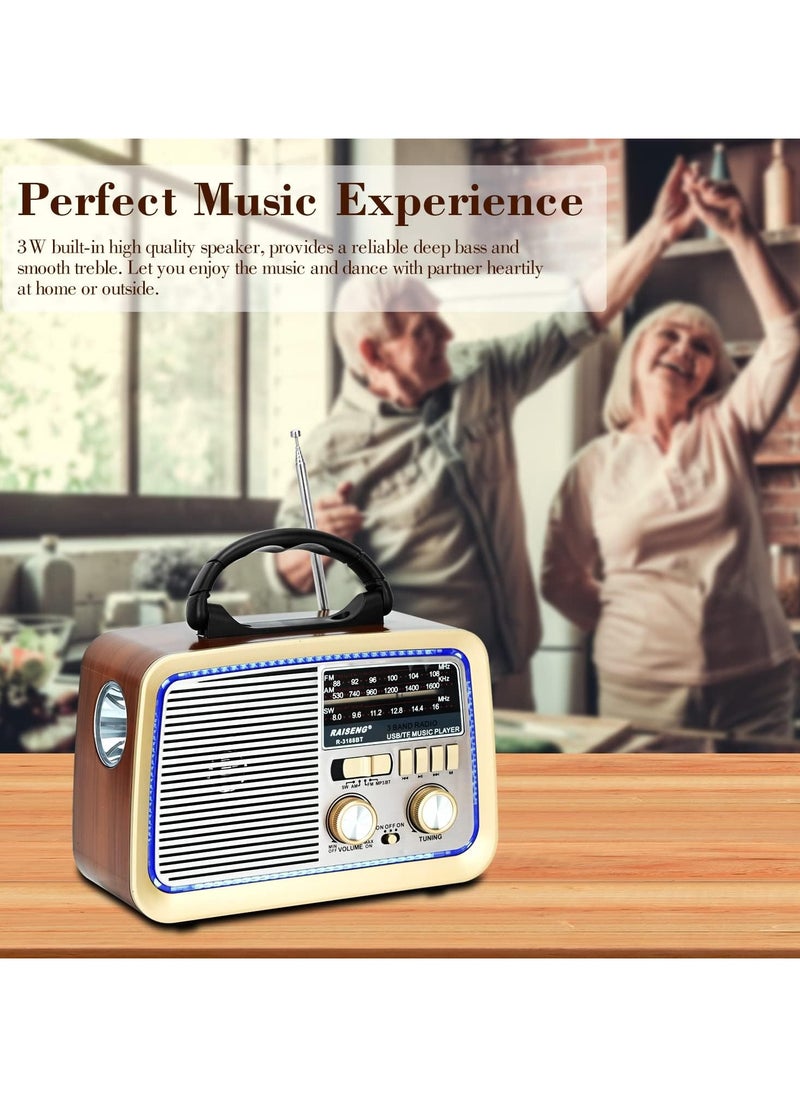 Retro Radio with Bluetooth, FM AM SW Kitchen Radio Retro Battery Radio Portable Nostalgia Radio Supports USB/TF/AUX Function, Torch for Household Emergencies